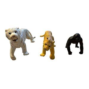 Set Of 3 Animal Figurines - White Tiger Yellow Tiger & Black Gorilla - Plastic M